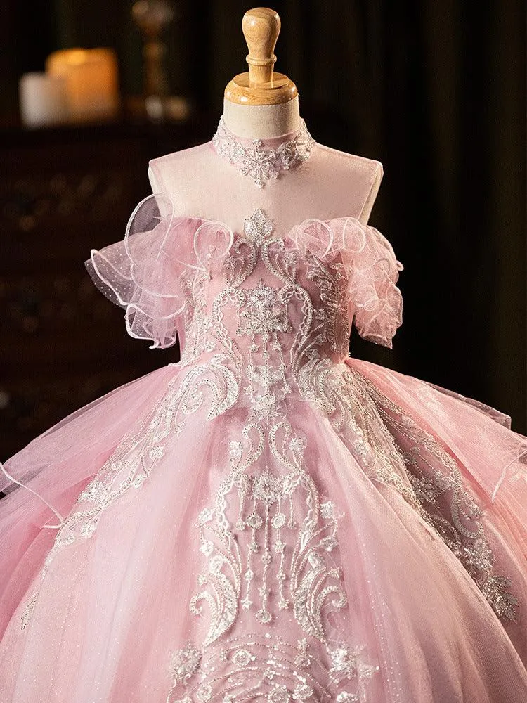 New Pink Lace Embroidered Fluffy Fashion Stage Performance Flower Girl Wedding Girls' Evening Dress