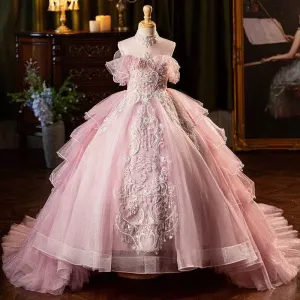 New Pink Lace Embroidered Fluffy Fashion Stage Performance Flower Girl Wedding Girls' Evening Dress