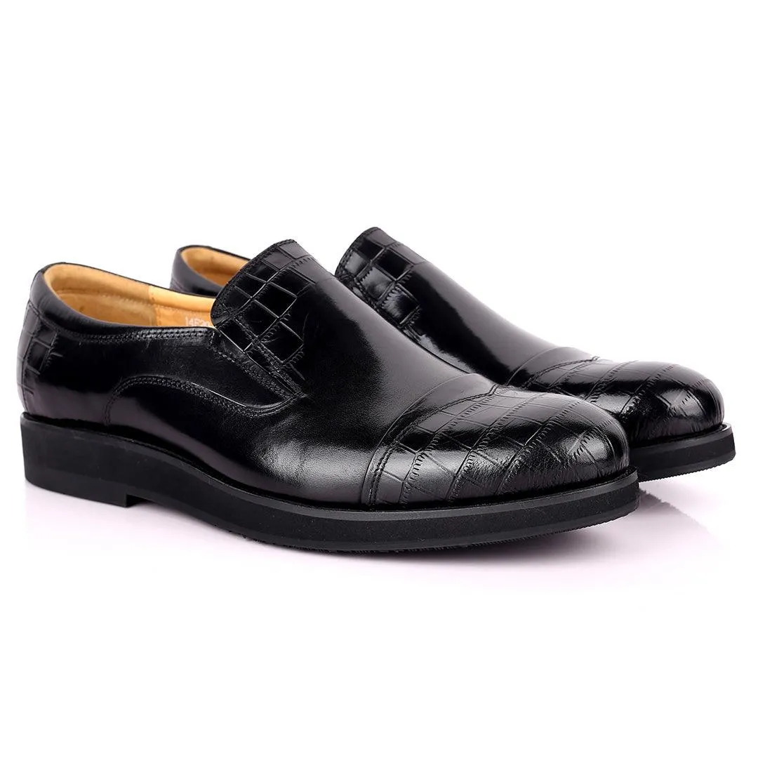 Prad Classic Black Half Croc Leather Shoe