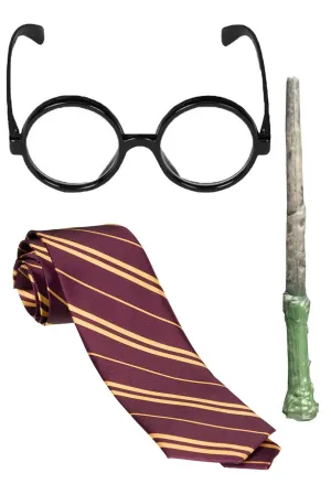 School Boy Wizard Glasses, Maroon Yellow Tie, and Wand - World Book Day Fancy Dress