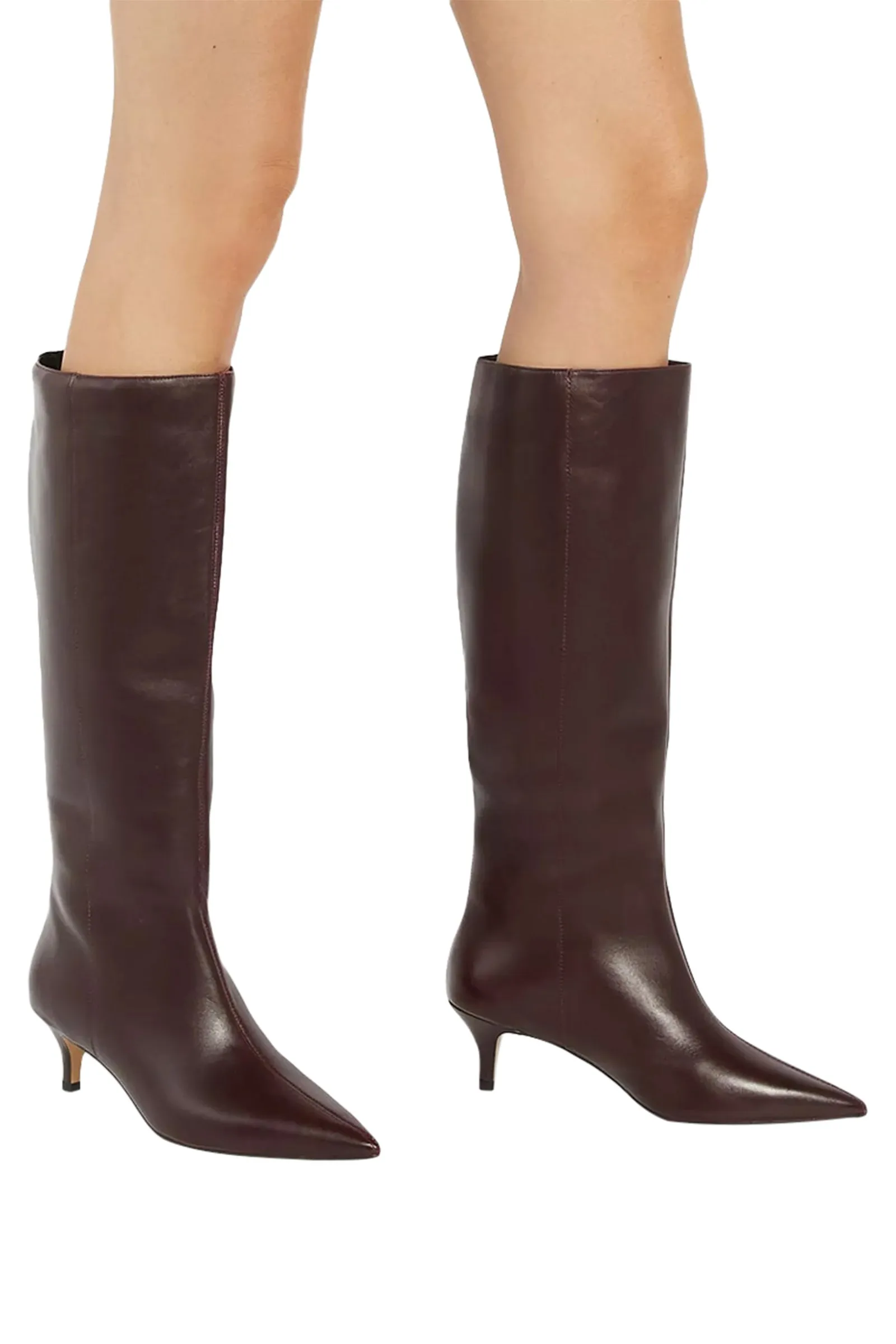 Smooth Kitten Heel Leather Knee High Boots, Dark Red