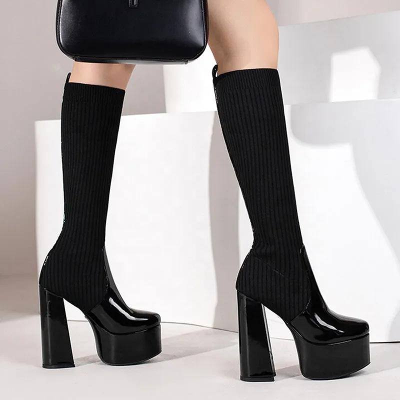 Stretchy Chunky Heels Boots