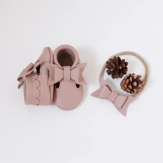 T-strap baby moccasins with bow   hairbow