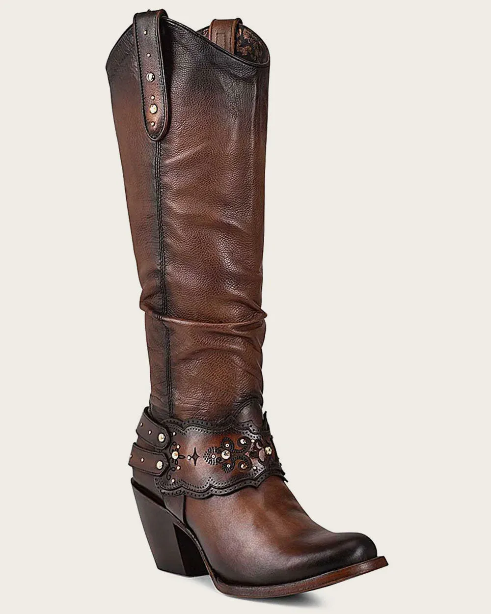 Tall brown bovine boot