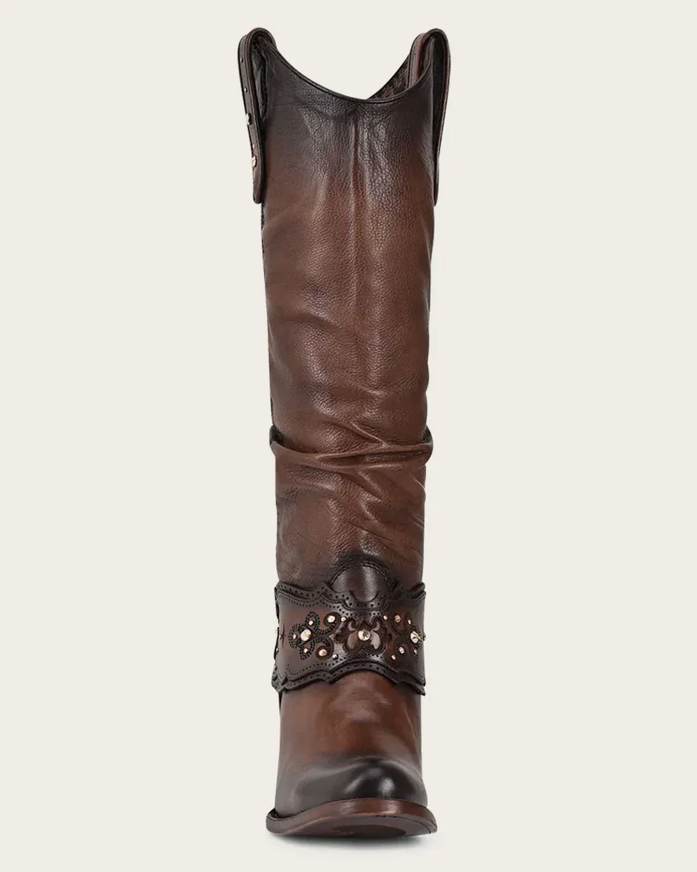 Tall brown bovine boot