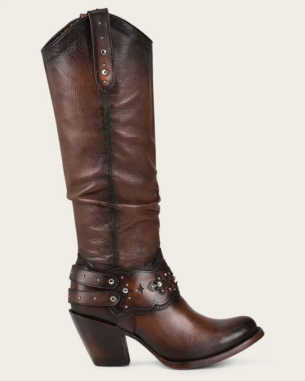 Tall brown bovine boot