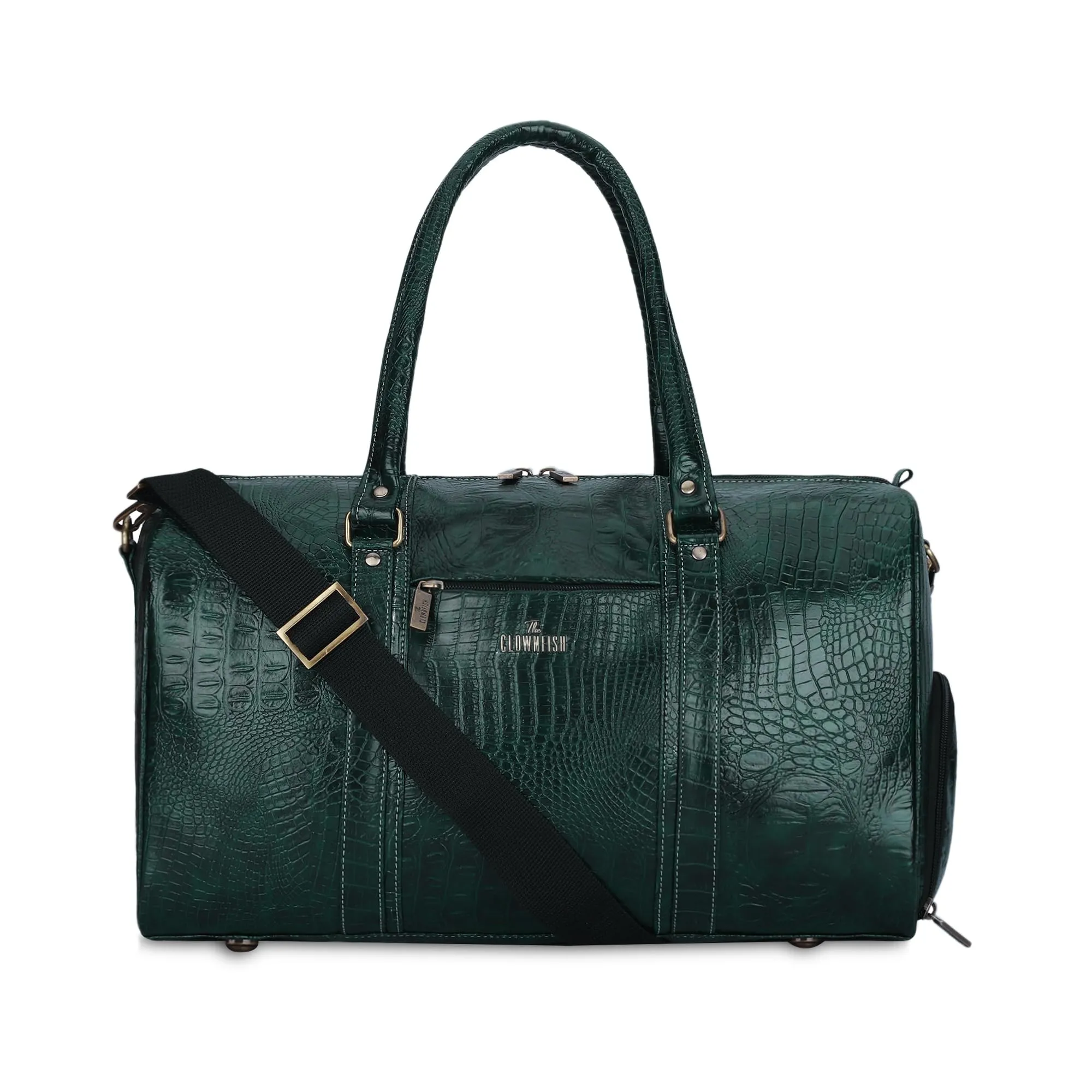 The Clownfish Meadow Series Faux Leather Crocodile Texture 26 LTR Travel Duffel Bag with Side Shoe Compartment | Cabin Luggage | Weekender Bag (Forest Green)