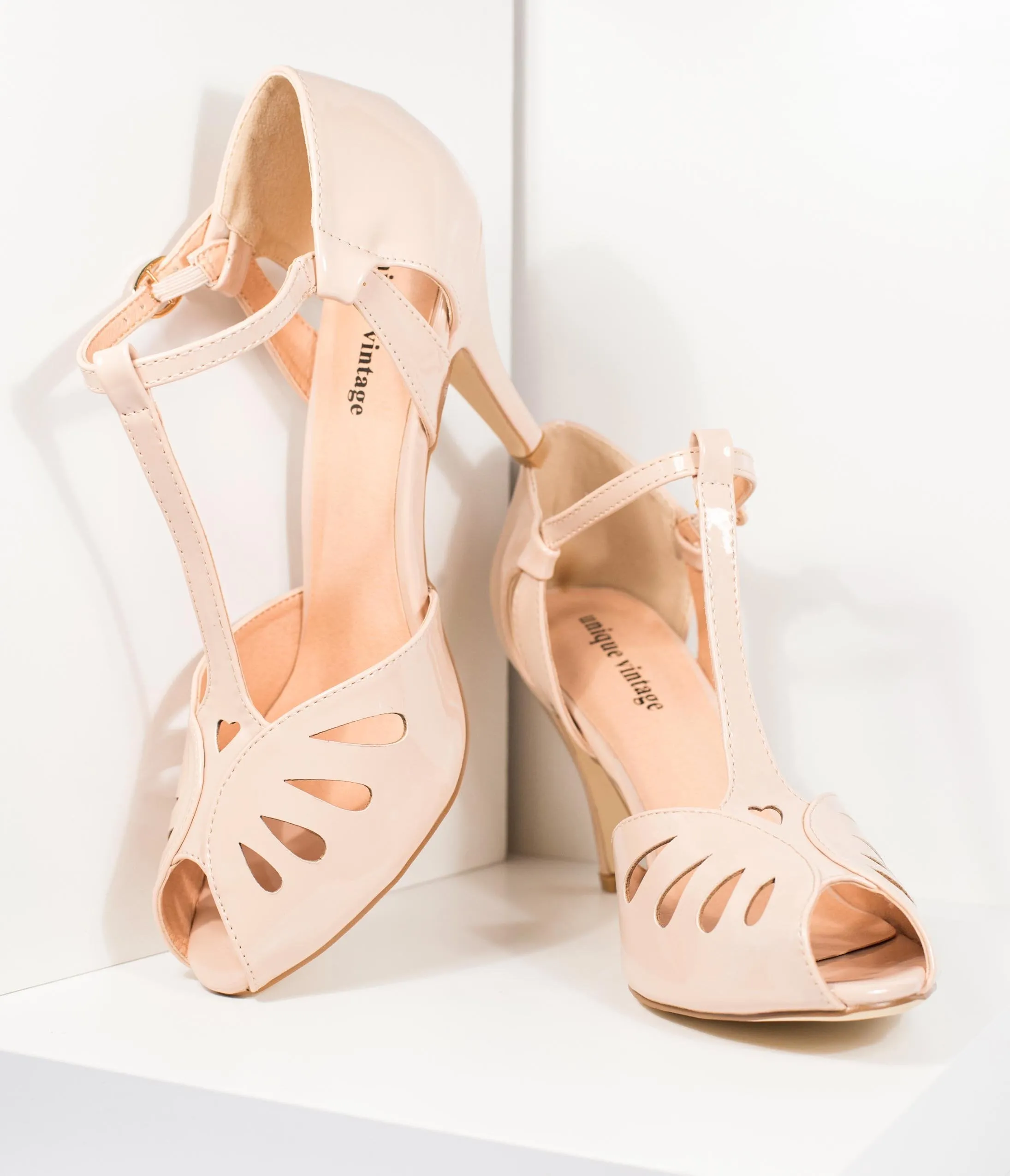 Unique Vintage Beige Patent Leatherette T-Strap Everly Pumps