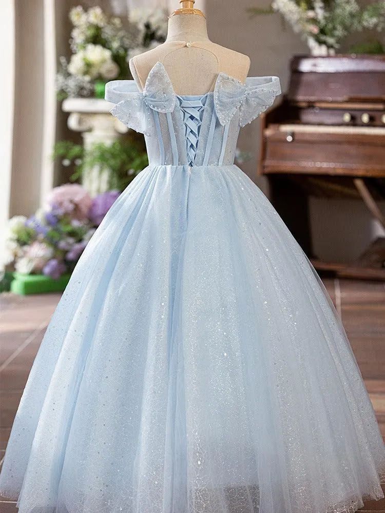 Wedding girl princess dress new stage performance bow mesh evening dress fluffy flower girl wedding dress sleeveless girl princess dress