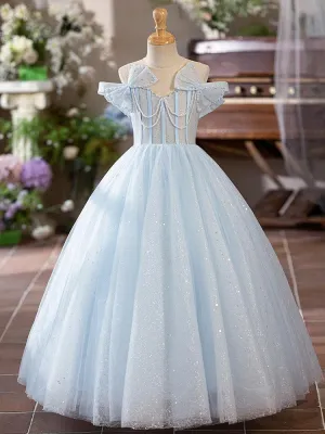 Wedding girl princess dress new stage performance bow mesh evening dress fluffy flower girl wedding dress sleeveless girl princess dress