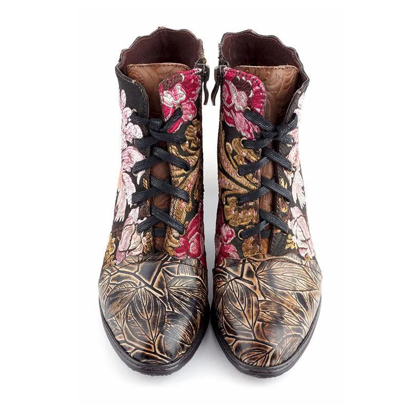 Women embroidered flower lace up side zipper block heel boots