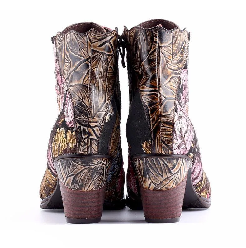 Women embroidered flower lace up side zipper block heel boots