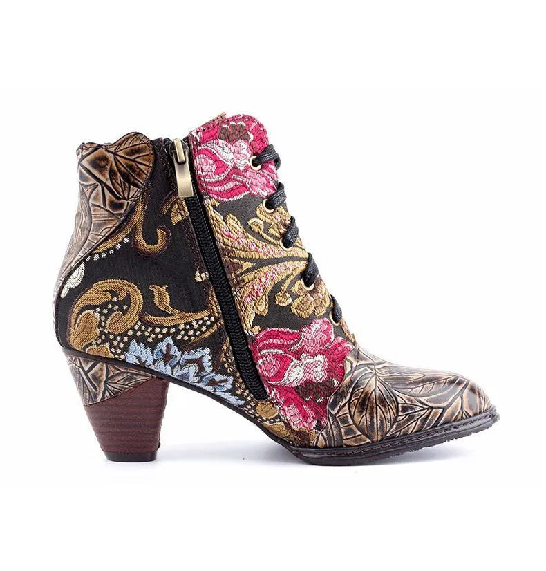 Women embroidered flower lace up side zipper block heel boots