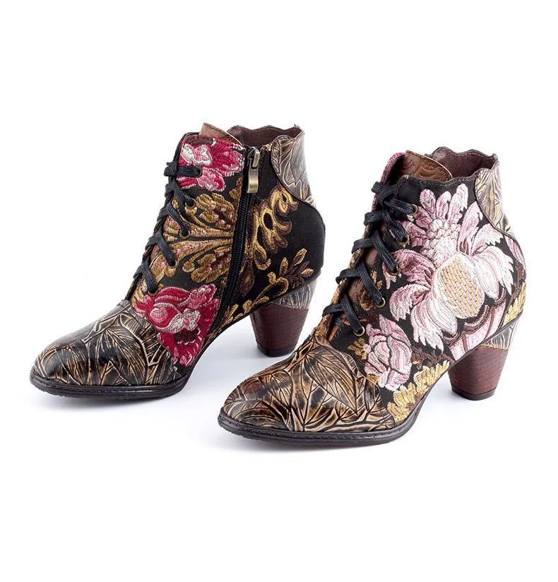 Women embroidered flower lace up side zipper block heel boots