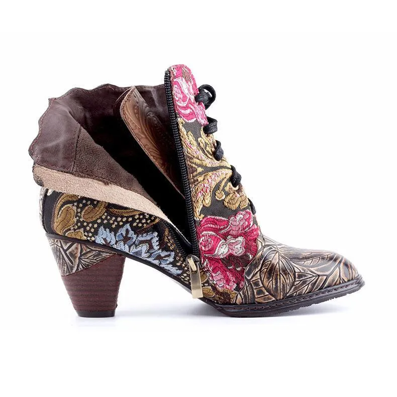 Women embroidered flower lace up side zipper block heel boots