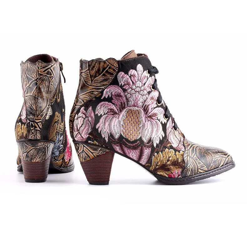 Women embroidered flower lace up side zipper block heel boots