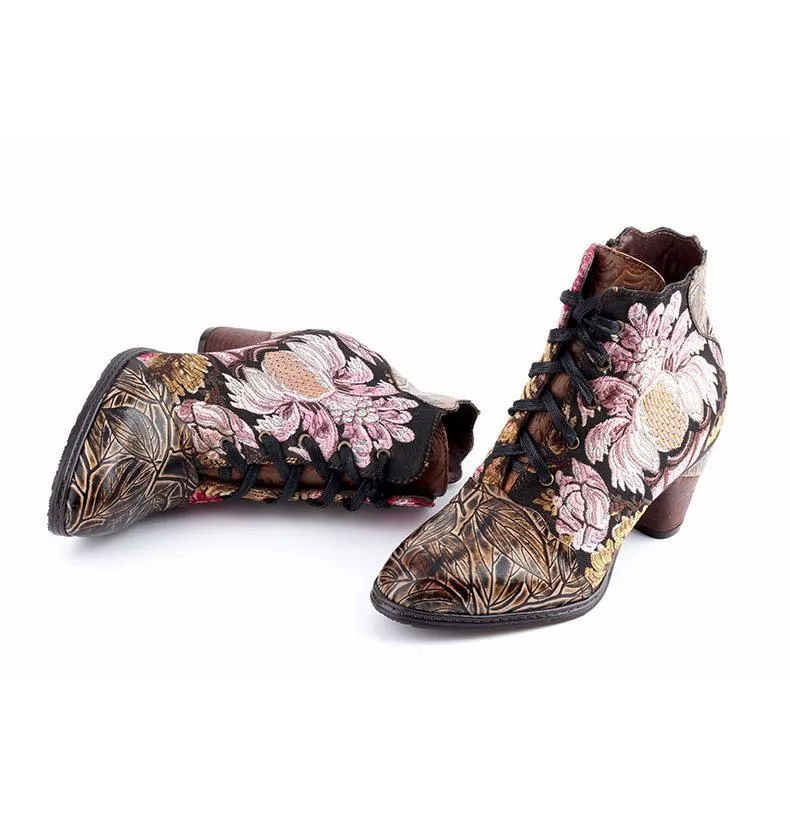 Women embroidered flower lace up side zipper block heel boots