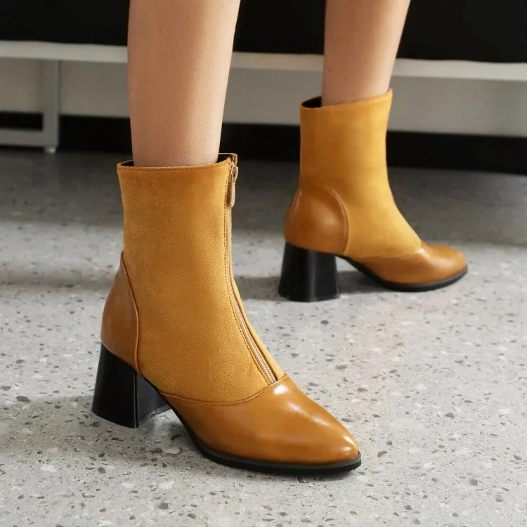 Women's Bicolor Pu Leather Zippers Block Heel Short Boots