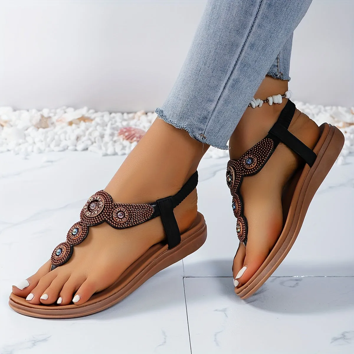 Women's Boho Style Flat Thong Sandals, Casual Clip Toe Elastic Band Summer Shoes, Lightweight Outdoor Beach Sandals for Holiday