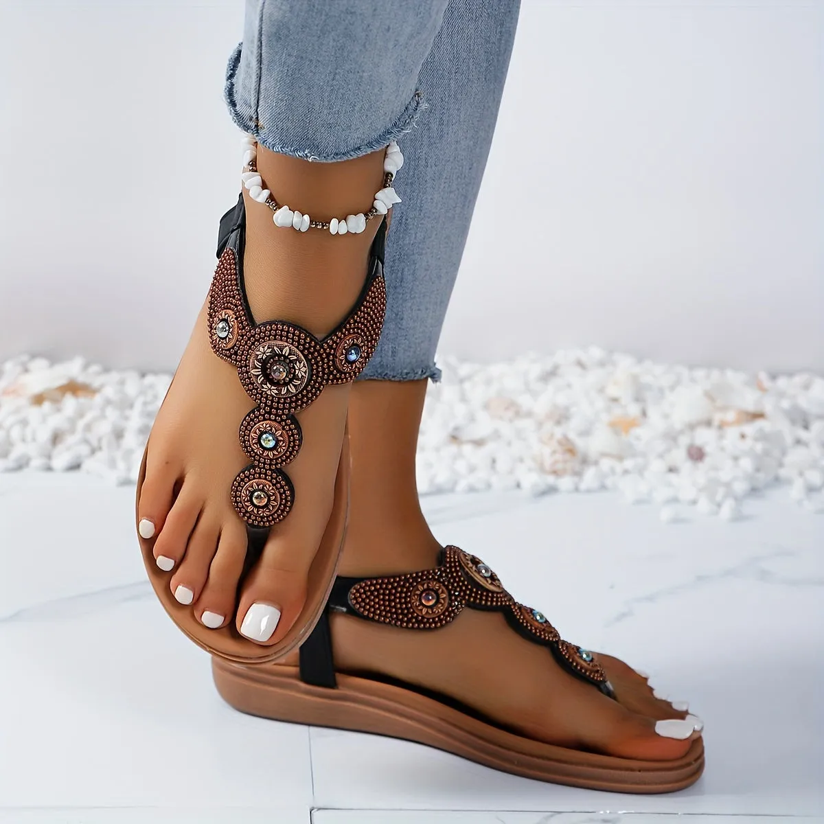 Women's Boho Style Flat Thong Sandals, Casual Clip Toe Elastic Band Summer Shoes, Lightweight Outdoor Beach Sandals for Holiday