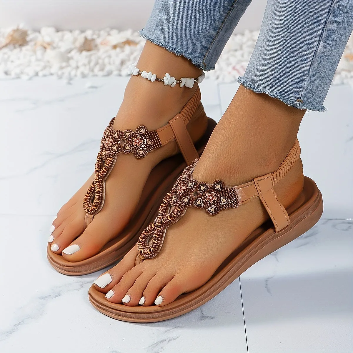 Women's Boho Style Flat Thong Sandals, Casual Clip Toe Elastic Band Summer Shoes, Lightweight Outdoor Beach Sandals for Holiday