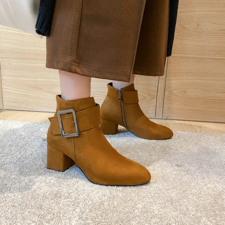 Women's Flock Buckle Zipper Block Heel Short Boots