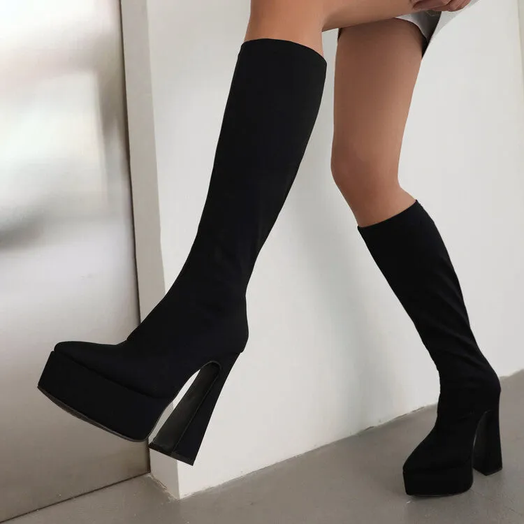 Women's Flock Pointed Toe Stretch Spool Heel Platform Knee High Boots