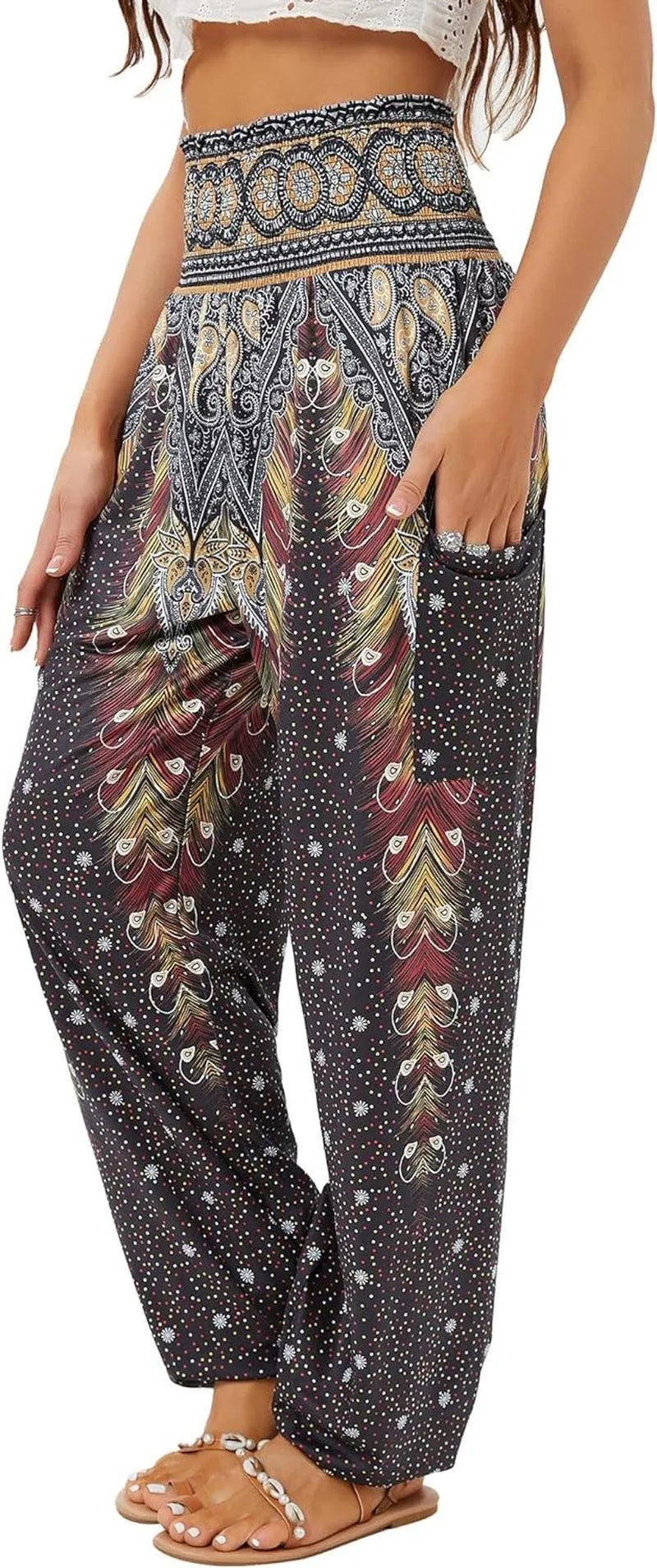 Women'S Harem Pants, High Waist Yoga Boho Trousers with Pockets