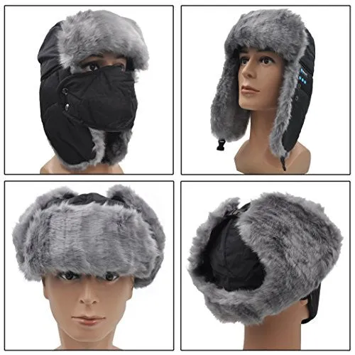 XIKEZAN Bluetooth Hat Wireless Men & Women Faux Fur Winter Cap With Built in Stereo Headphones (Rabbit Fur Black)